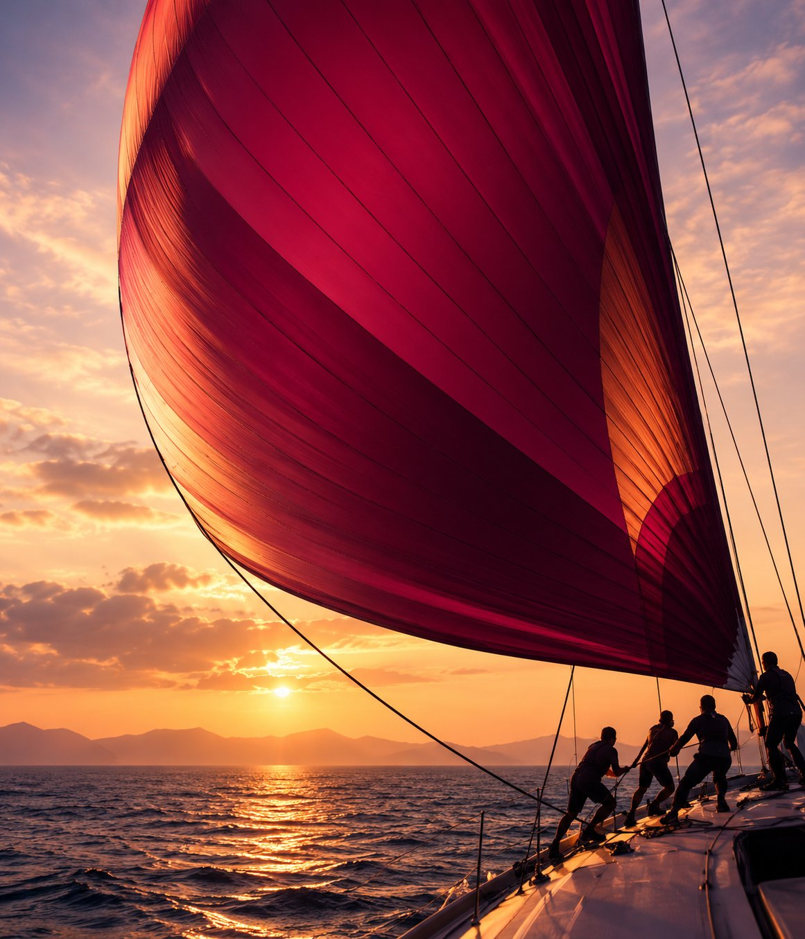 Vela vermelha de spinnaker com a tripulação ajustando as cordas ao pôr do sol